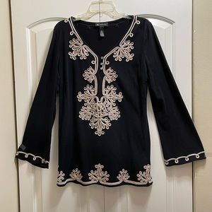 ***SALE - INC Tunic Top-Black, beige Embroidery & bell sleeves